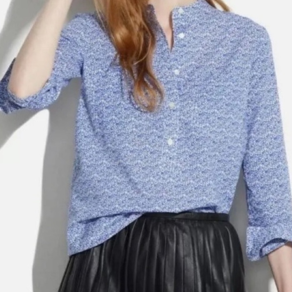 Madewell blue white 100% floral print market pop over blouse top Sz S